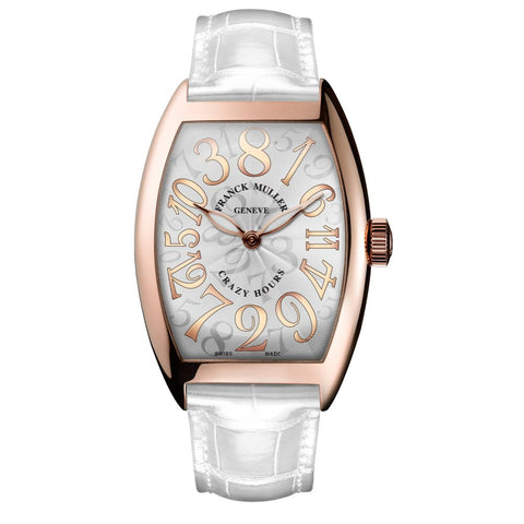 Franck Muller Cintrée Curvex Crazy Hours watch with a white dial, rose gold Arabic numerals, rose gold case, and white alligator leather strap.