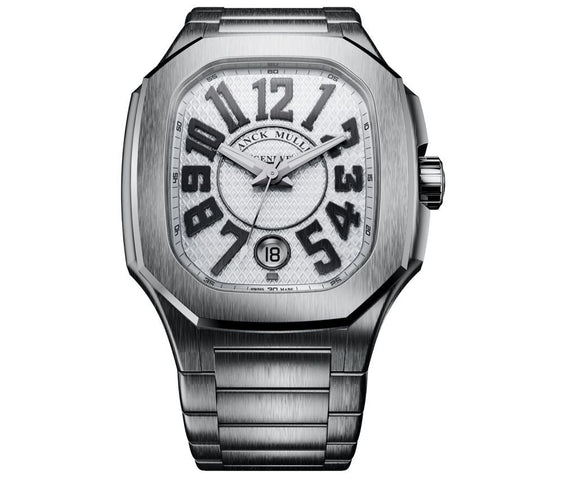 Franck Muller Imperium Bloc watch with a white textured dial, oversized black Arabic numerals, and a brushed stainless steel case and bracelet.