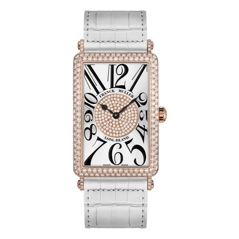 Franck Muller Long Island ladies' watch with a white dial, black Arabic numerals, diamond-set rose gold bezel, and white alligator leather strap.