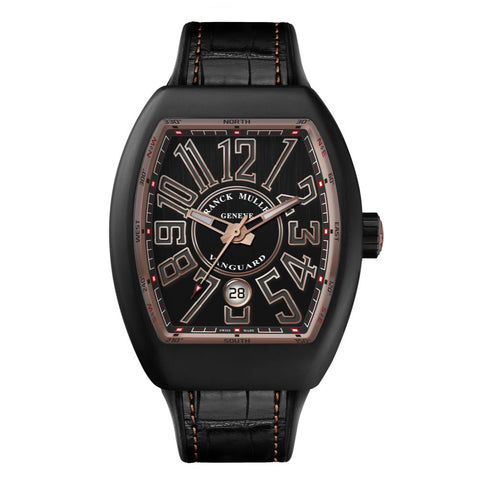 Franck Muller Vanguard watch with a titanium case, black dial with small seconds display, and black alligator leather strap.