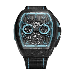 Franck Muller Vanguard chronograph watch with a black carbon fiber case, skeleton dial, and light blue accents on a black textured strap, shown on a white background.