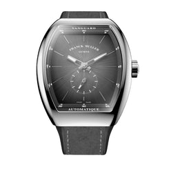 Franck Muller Vanguard Sfumato Slim watch with a stainless steel case, dark grey sunburst dial, and dark grey leather strap.