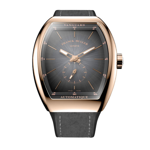 Franck Muller Vanguard Sfumato Slim watch with an 18k rose gold case, black tone-on-tone dial, and black leather strap.