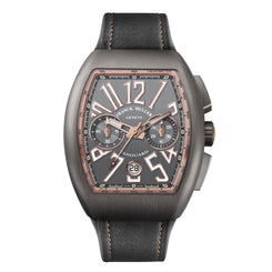 Franck Muller Vanguard Chronograph watch with a titanium case, black dial, and black alligator leather strap.