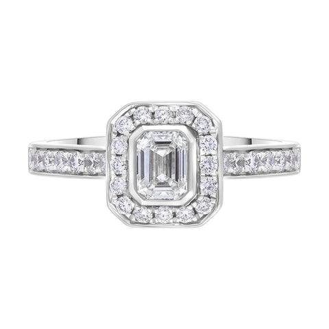 Platinum GIA Certified GVS2 0.59ct Diamond Emerald Cut Framed Cluster Ring