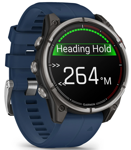 Garmin smartwatch with blue strap displaying heading information on a white background