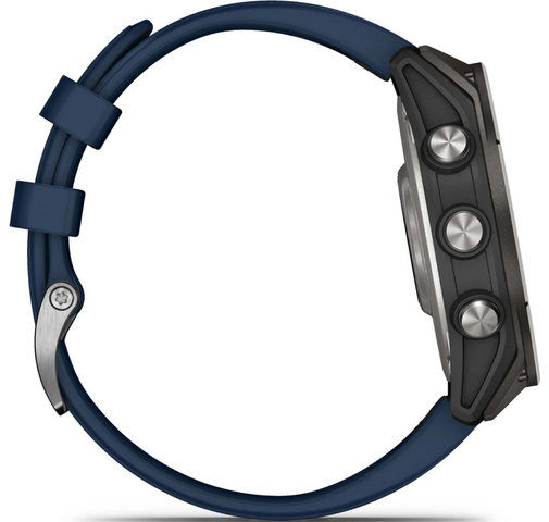 Smartwatch with blue band and black case on a white background
