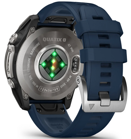 Quatix 8 smartwatch with blue strap on a white background