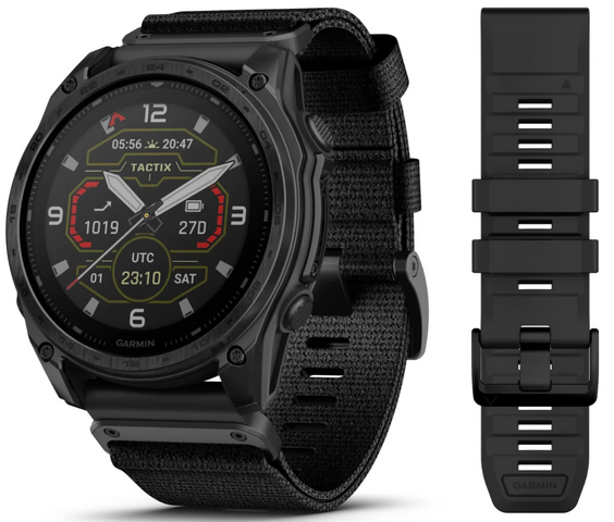 Black Garmin smartwatch with additional black strap on a white background