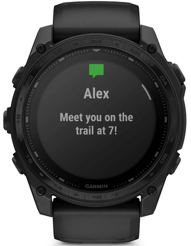 Garmin smartwatch displaying a message on its screen with a black strap.