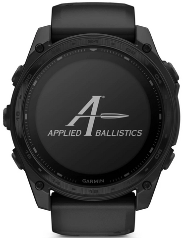 Black Garmin watch with Applied Ballistics logo on a white background