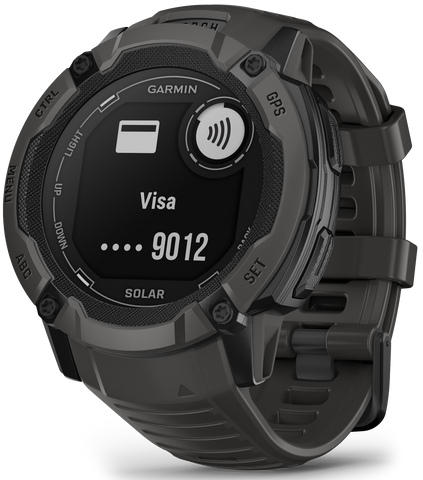 Garmin smartwatch displaying Visa card information on a white background