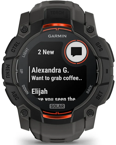 Garmin smartwatch with notifications on a white background