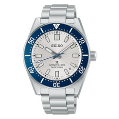 Seiko watch with silver bracelet and blue accents on a white background