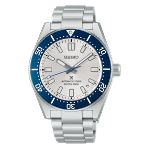 Seiko watch with silver bracelet and blue accents on a white background