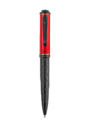 Pen with red and black design on a white background