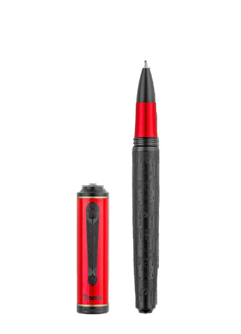 Black and red pen on a white background