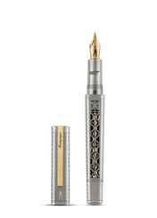 A silver and gold fountain pen with an intricate cutout pattern on the barrel, shown with its cap removed and standing beside it on a plain white background.
