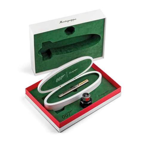 Montblanc 007 fountain pen gift set shown open, with the pen inside a white and red presentation box on a clean white background. The set includes a Montblanc signature pen, a compass, and branded packaging with green interior lining.