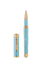 Blue pen with gold accents on a white background