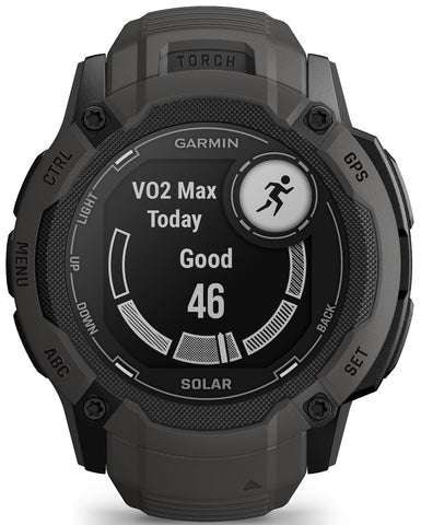 Garmin smartwatch with display showing 'VO2 Max Today Good 46'