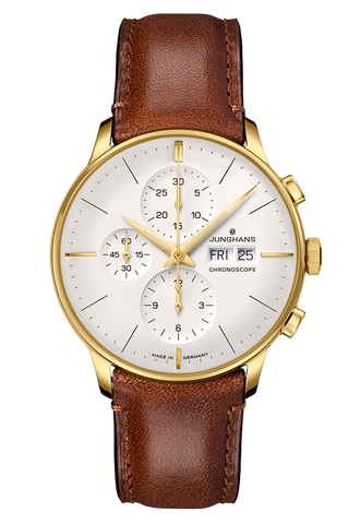 Junghans Meister Chronoscrope Leather Date English with white dial, stainless steel case