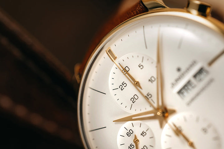Junghans Meister Chronoscrope Leather Date English with white dial, stainless steel case