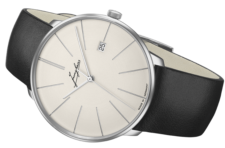 Junghans Meister Fein Automatic Signatur Watch with grey dial, leather strap, steel case