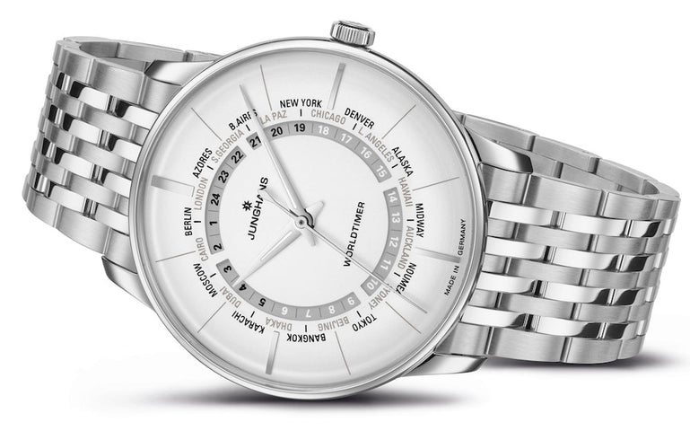 Junghans Meister Worldtimer Watch with silver dial, steel bracelet, steel case