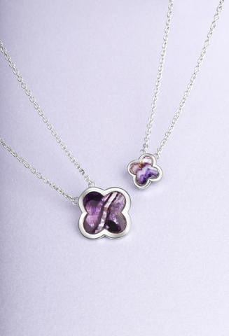 Sterling Silver Blue John Bloom Large Four Leaf Clover Polished Edge Necklace