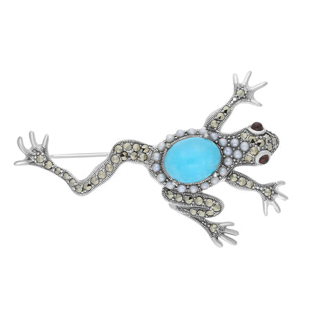 Sterling Silver Pear and Turquoise Marcasite Large Frog Brooch