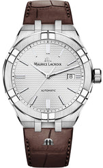 Maurice Lacroix watch with brown leather strap and silver case on white background