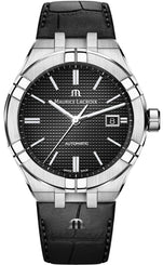 Maurice Lacroix watch with black dial and leather strap on a white background