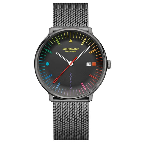 Mondaine watch with colorful dial on a white background