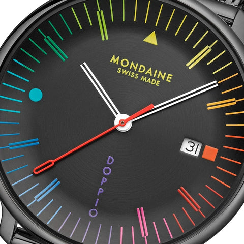 Mondaine watch face with colorful hour markers and 'Swiss Made' text