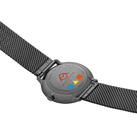 Gray watch with mesh band and visible brand logo on a white background