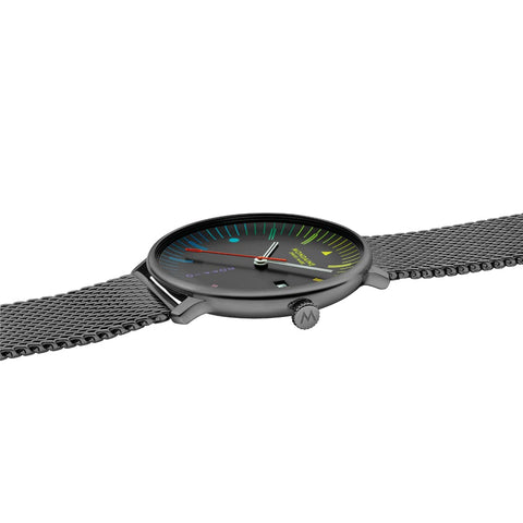 Wristwatch with a black mesh strap on a white background