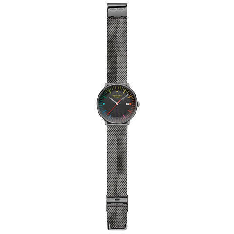 Wristwatch with a mesh band on a white background