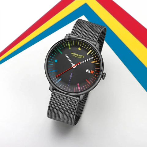 Mondaine watch with colorful dial on a white background