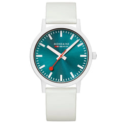 Mondaine watch with a white strap and blue face on a white background