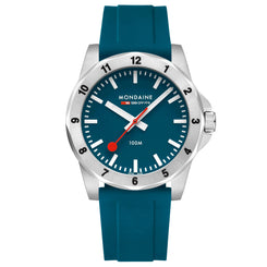 Mondaine watch with blue strap and blue dial on a white background