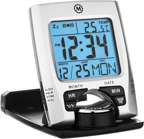 Marathon Clock Travel Alarm Calendar & Temperature Silver CL030023-SV-BK-NA