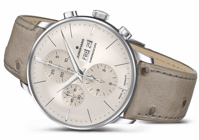 Junghans Meister Chronoscope Watch with grey dial, ostrich leather strap, steel case