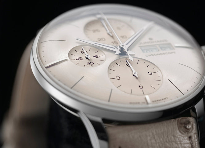 Junghans Meister Chronoscope Watch with grey dial, ostrich leather strap, steel case