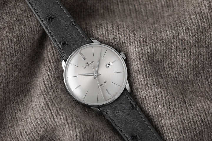 Junghans Meister Automatic Watch with grey dial, leather strap, steel case