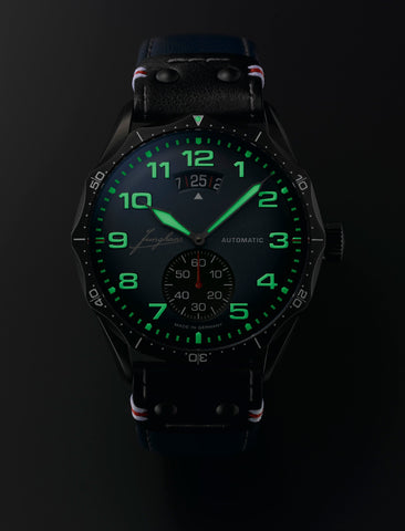 Junghans Meister Pilot Automatic Navy Blue Watch with leather strap, black pvd case