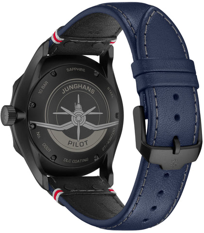 Junghans Meister Pilot Automatic Navy Blue Watch with leather strap, black pvd case