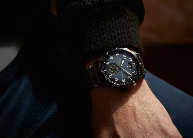 Junghans Meister Pilot Automatic Navy Blue Watch with leather strap, black pvd case