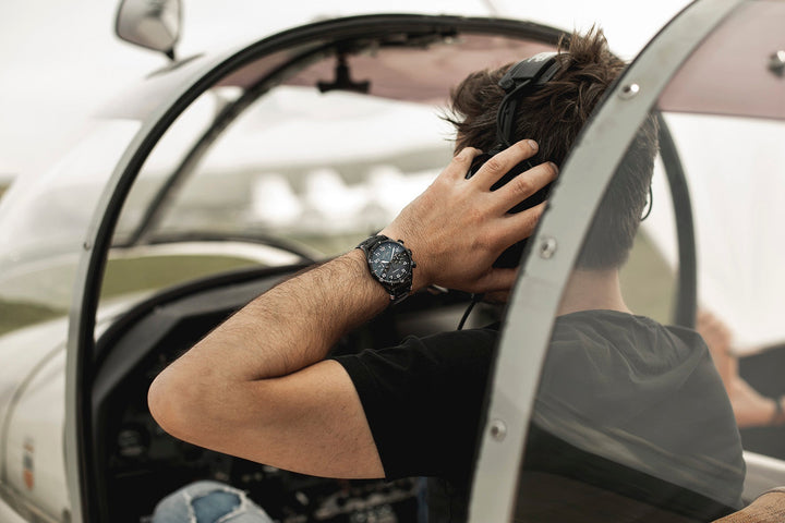 Junghans Meister Pilot Automatic Navy Blue Watch with leather strap, black pvd case