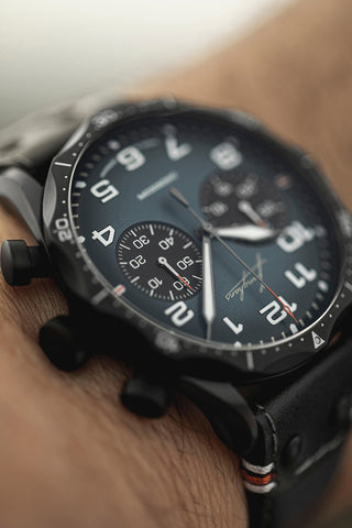 Junghans Meister Pilot Automatic Navy Blue Watch with leather strap, black pvd case